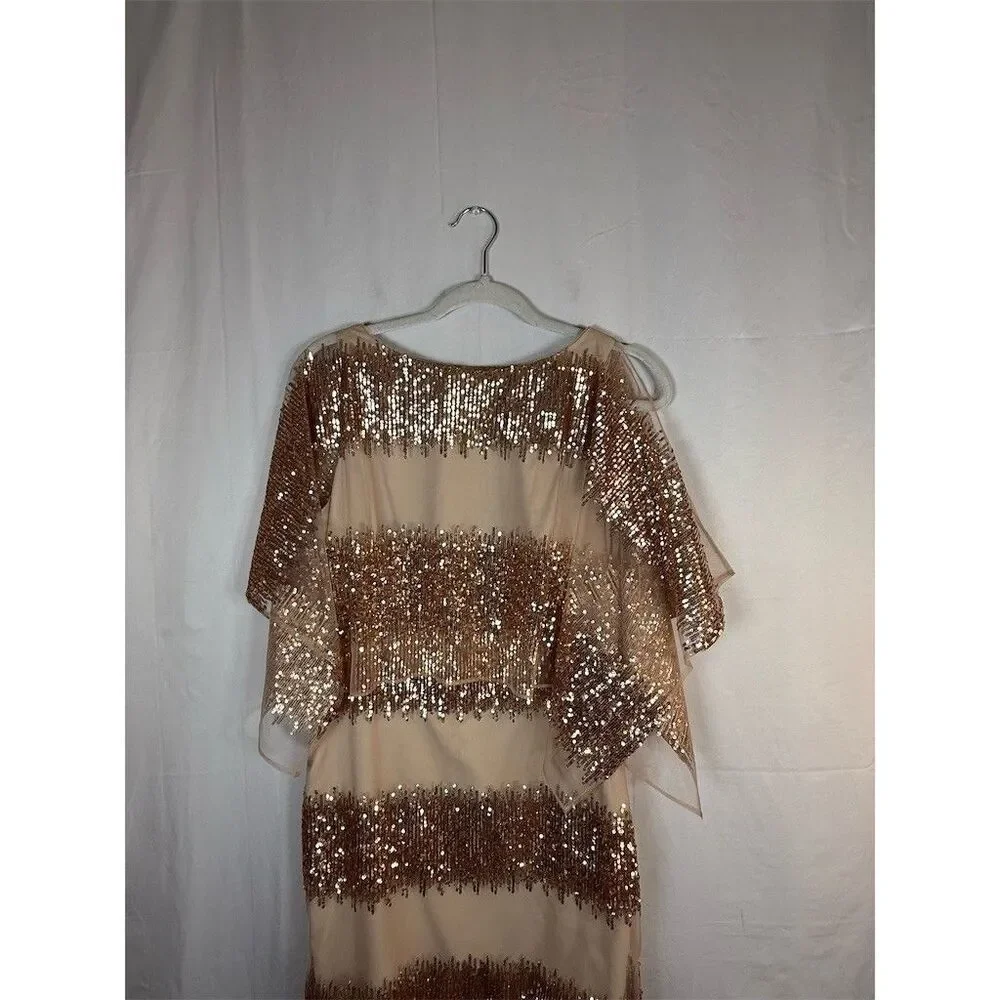 Belle Badgley Mischka Dress Womens 6 Beige Sequin Stripe Sheer Cape Cocktail - Picture 2 of 16
